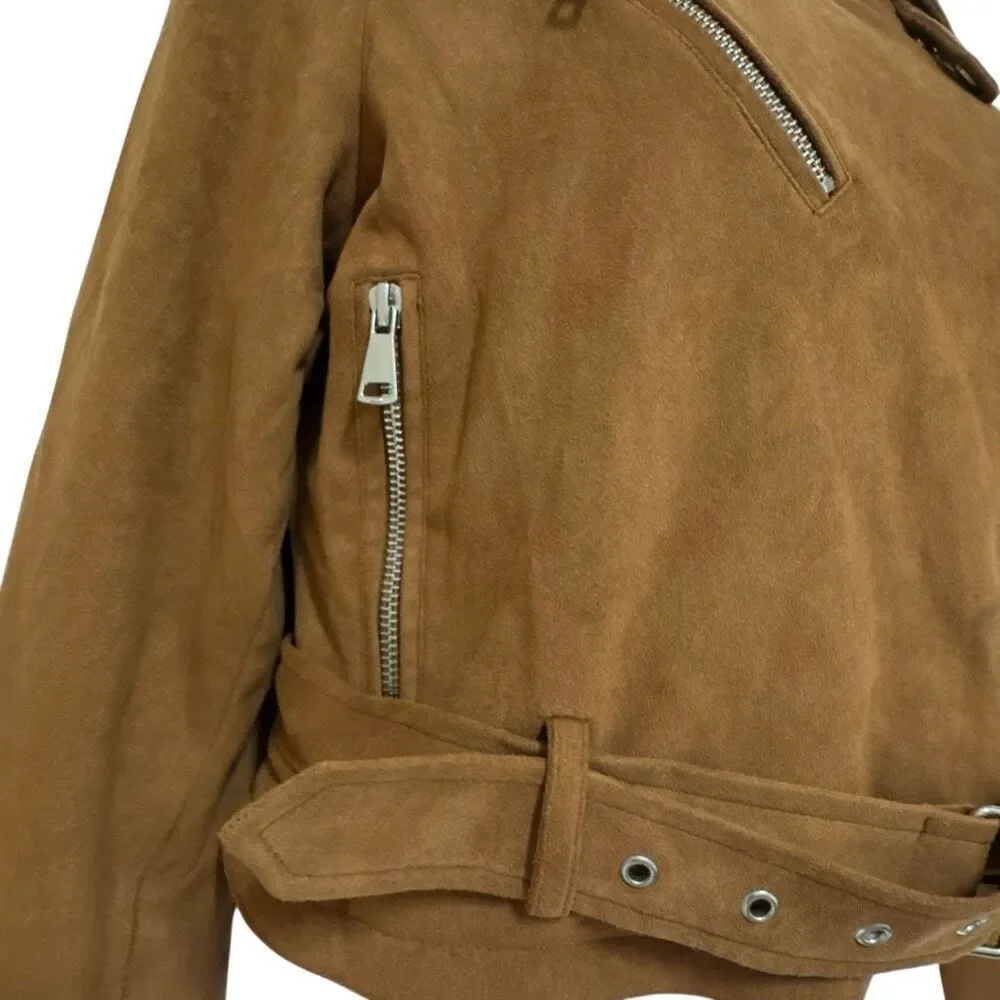 Ashley By 26 International Brown Faux Suede Moto Biker Jacket Medium Belted Crop